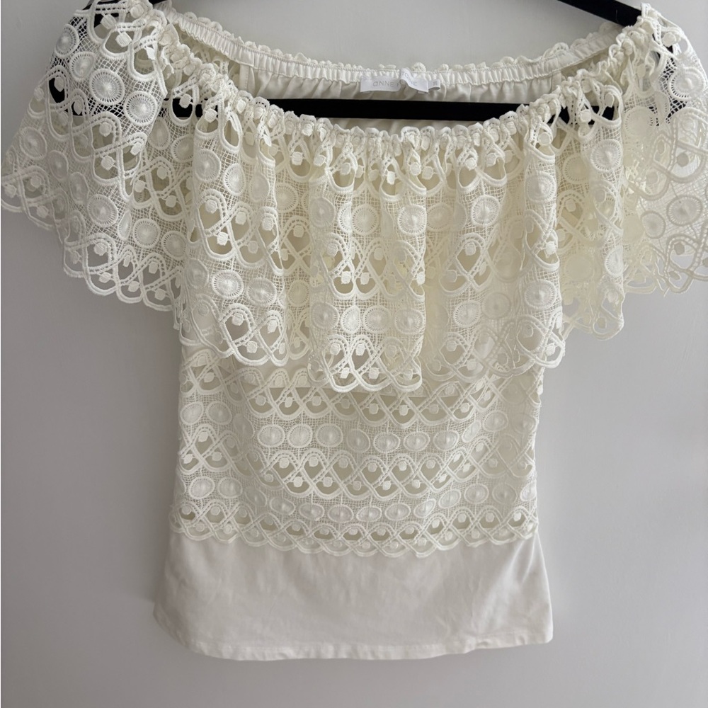Anne Fontaine Cream Lace Off-Shoulder Blouse